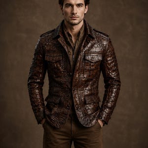 Peut inclure: Une veste marron foncé avec un motif texturé en peau de crocodile, dotée d'un col, de manches longues et de quatre poches avant à rabats boutonnés. La veste est portée sur une chemise à col marron et un pantalon marron.