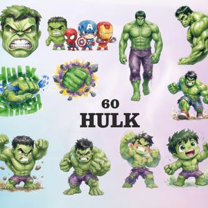 Puede incluir: Una colección de ilustraciones digitales que muestran al personaje verde Hulk en varias poses, incluyendo un primer plano del rostro, un puño rompiendo escombros y figuras estilo chibi junto a otros superhéroes. El texto 60 HULK está centrado.