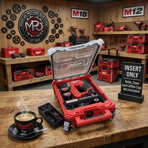 May include: A red and black Milwaukee M12 Fuel installation drill driver set inside a clear-topped plastic case, accompanied by a black coffee mug with the Milwaukee logo and a small black accessory tray on a wooden workbench.