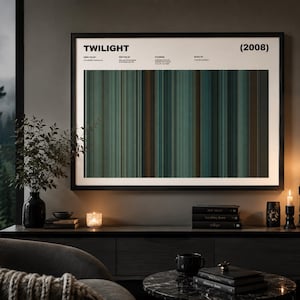 May include: A framed horizontal wall art print titled TWILIGHT (2008) featuring a vertical colour palette of muted greens, teals, and dark browns. The print includes text listing the director, writers, cast, and composer in a clean, minimalist layout.
