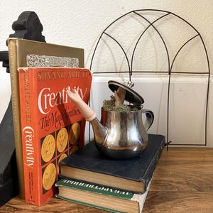 May include: A silver-toned metal teapot with a lid propped open, containing green moss and a small doll hand emerging from the top. A second doll hand extends from the teapot spout. The teapot rests on two stacked books next to a red book titled Creativity.