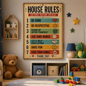 May include: A rectangular wall poster titled HOUSE RULES with seven numbered points including BE KIND, BE RESPECTFUL, CLEAN UP AFTER YOURSELF, USE KIND WORDS, LET'S HELP EACH OTHER, HAVE FUN, and LOVE YOUR FAMILY, featuring colorful horizontal bars.