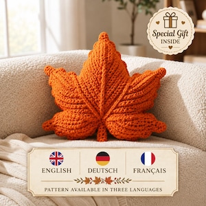 Crochet Maple Leaf Pillow Pattern, 3 Language PDF, Autumn Cushion, Fall Home Decor