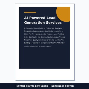 Może przedstawiać: Prostokątna okładka produktu cyfrowego z ciemnoniebieskim tłem, żółtym kołem w prawym górnym rogu i białym tekstem AI-Powered Lead-Generation Services, po którym następuje opisowy akapit oraz tekst Illustrated Digital Product Bundle.