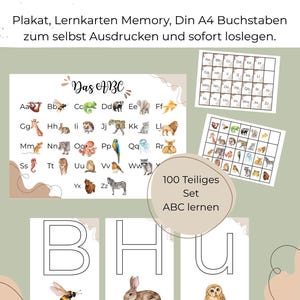 Peut inclure: Un ensemble ABC comprenant une affiche, des cartes mémoire et des feuilles de lettres A4. Les supports présentent l'alphabet avec des illustrations d'animaux à l'aquarelle, dont une abeille, un lapin et un hibou. Texte : "ABC-Set", "Das ABC", "100 Teiliges Set ABC lernen".