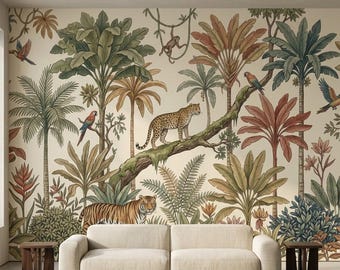 Tropical Jungle Wallpaper | Safari Animal Mural, Peel and Stick, Custom Size