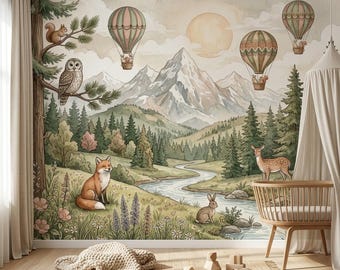 Woodland Nursery Wallpaper | Forest Animal Kids Room Mural, Peel and Stick
