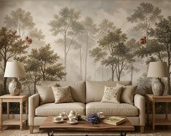 Vintage Forest Wallpaper | Misty Woodland Wall Mural, Nature Decor, Cottage Living Room, Custom Size