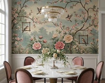 Chinoiserie Wallpaper | Vintage Floral Mural, Dining Room Wall Decor, Custom Size