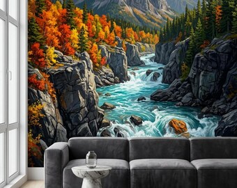 Mountain River Wallpaper | Autumn Landscape Mural, Forest Nature Wall Decor