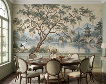 Chinoiserie Landscape Wallpaper | Crane & Wisteria Asian Mural, Oriental Dining Room Decor, Custom Size
