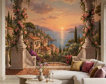Pink Floral Arch Coastal Wallpaper, Mediterranean Sunset Sea View Mural, Peel and Stick