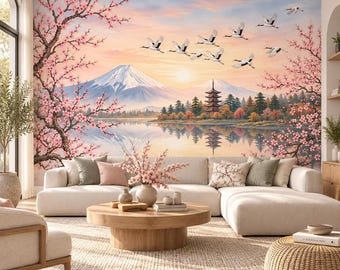 Pink Sakura Wallpaper | Cherry Blossom Serene Lake Sunset Mural, Crane Wall Decor, Custom Size