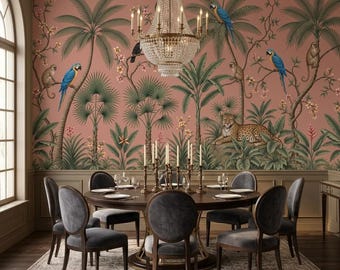 Vintage Tropical Wallpaper | Exotic Jungle Mural, Parrot & Leopard Wall Decor, Custom Size