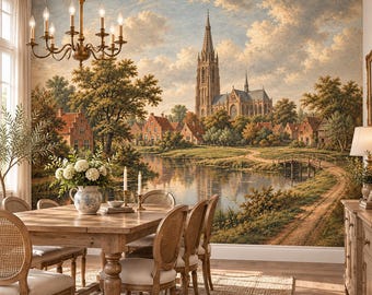 European Village Wallpaper | Vintage Church Lakeside Mural (Custom Size)