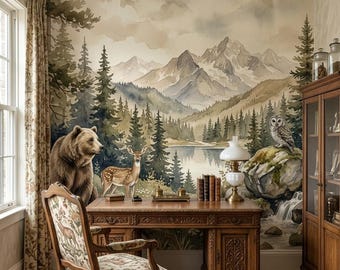 Mountain Wildlife Wallpaper | Rustic Woodland Landscape Mural, Bear Deer Owl Nature Decor, Custom Size
