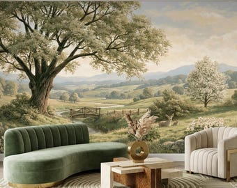 Countryside Landscape Wallpaper, English Country Garden Mural, Peel and Stick, Custom Size