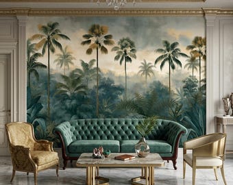 Tropical Palm Tree Wallpaper | Moody Rainforest Mural, Green Botanical Wall Decor