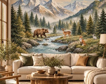 Woodland Peel and Stick  Wallpaper | Forest Mountain Wall Mural, Custom Size