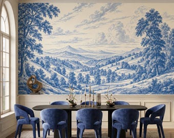 Blue Toile de Jouy Landscape Wallpaper | French Country Mural (Custom Size)