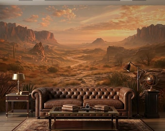 Desert Southwest Wall Mural, Mountain Canyon Wallpaper, Rustic Sunset Wall Decor, Custom Size