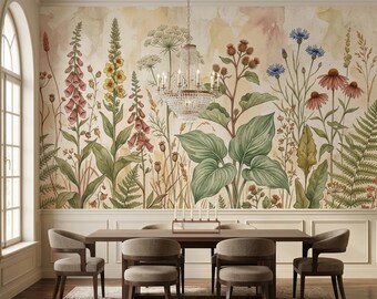 Wildflower Botanical Wallpaper | Vintage Floral Mural, Cottagecore Nature Wall Decor, Peel and Stick