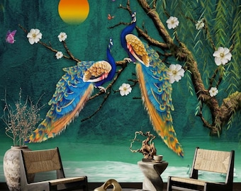 Peacock Chinoiserie Wallpaper | Exotic Bird Floral Mural, Asian Wall Decor, Peel and Stick