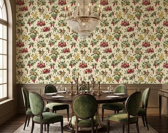 Vintage Fruit Floral Wallpaper | Botanical Dining Room Wall Mural, Cottagecore Kitchen Decor, Custom Size