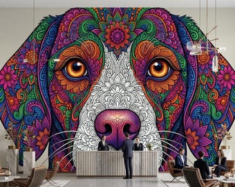Psychedelic Dog Portrait | Vibrant Animal Art Wallpaper Mural, Peel and Stick, Lobby & Reception Decor