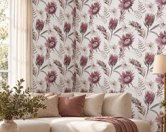 Vintage Floral Peel and Stick Wallpaper | Mauve Botanical Flower Mural, Romantic Living Room Decor