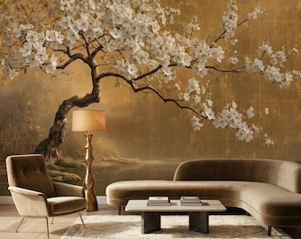 Gold Chinoiserie Wallpaper, Japanese Floral Mural, Golden Blossom Wall Decor, Peel and Stick