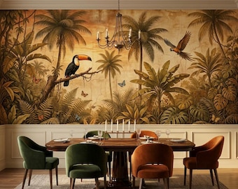 Vintage Tropical Wallpaper | Botanical Forest Mural, Crane Birds, Palm Trees (Custom Size)