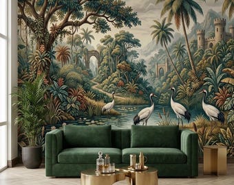 Vintage Tropical Wallpaper | Exotic Jungle Mural, Crane Bird Wall Decor, Peel and Stick