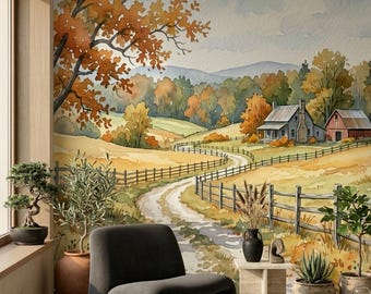 Watercolor Vintage Farmhouse Wallpaper, Autumn Countryside Mural, Fall Nature Scene Decor,  (Peel and Stick)