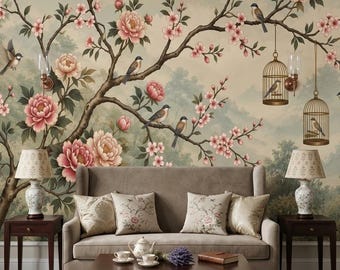 Chinoiserie Floral Wallpaper | Birds & Peony Blossom Wall Mural, Asian Botanical Decor, Custom Size