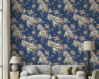 Vintage Floral Navy Blue Wallpaper | Moody Maximalist Flower Mural, Botanical Wall Decor