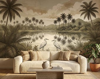 Vintage Tropical Landscape Wallpaper | Palm Tree Mural, Tropical Nature Living Room Wall Decor