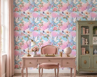 Japanese Crane Wallpaper | Modern Asian Floral Mural, Pink Blossom Romantic Peony Wall Decor