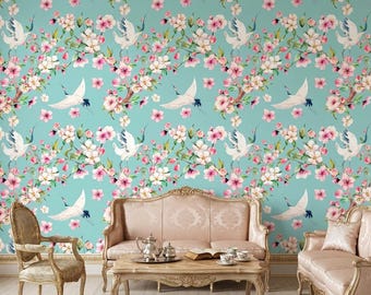 Japanese Crane Floral Wallpaper | Asian Blossom Mural, Vintage Bird Wall Decor