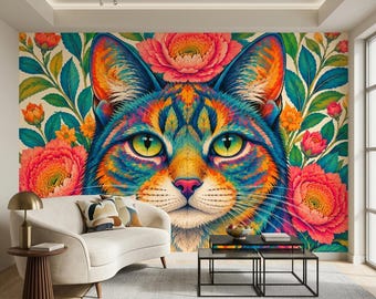 Psychedelic Cat Portrait | Vibrant Animal Art Wallpaper Mural, Peel and Stick, Lobby & Reception Decor