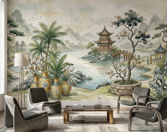 Chinoiserie Wallpaper | Asian Landscape Custom Size Mural, Pagoda Lake Wall Decor