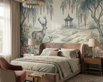 Chinoiserie Deer Wallpaper | Vintage Asian Landscape Mural, Wisteria Pagoda Wall Decor, Bedroom Wallpaper