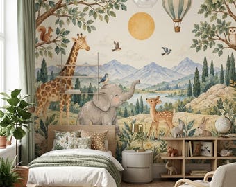 Safari Nursery Mural | Woodland Animals, Kids Room Wallpaper (Peel & Stick)