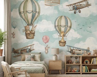 Adventure Nursery Wallpaper | Vintage Airplane Animal Kids Room Mural, Custom Size