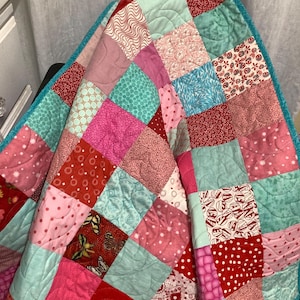 Colourful charm square patchwork quilt. Cot quilt. Lap quilt. Handmade