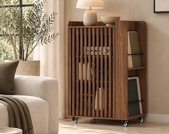 Rolling Media Cabinet with Vinyl Record Storage, 5 Tier Stereo Cabinet, Record Player Stand with Door, Audio Equipment Rack on Wheels