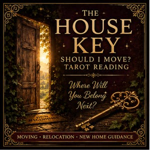 May include: A square graphic featuring a dark background with a golden key and an open wooden door revealing a sunny landscape. Text reads: THE HOUSE KEY, SHOULD I MOVE? TAROT READING, Where Will You Belong Next?, MOVING, RELOCATION, NEW HOME GUIDANCE.