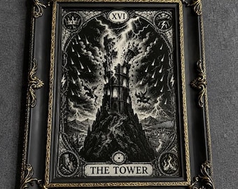 De Toren Tarot Muurdecoratie | Gegraveerd Aluminium Gotische Decoratie | Heksenachtige Tarot Kunst | 5x7 Occult Cadeau