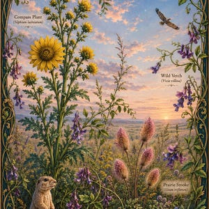 May include: A botanical illustration titled The Art of Wild Plant Identification featuring a prairie landscape with a Compass Plant, Wild Vetch, and Prairie Smoke. A small rodent stands in the foreground, a bird flies near a crescent moon, and text labels identify each plant species.