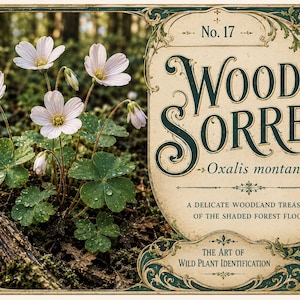 Puede incluir: Una lámina botánica rectangular con flores blancas de acederilla, hojas similares al trébol y una pequeña mariposa sobre un tronco. El texto dice No. 17 WOOD SORREL Oxalis montana A DELICATE WOODLAND TREASURE OF THE SHADED FOREST FLOOR. THE ART OF WILD PLANT IDENTIFICATION.